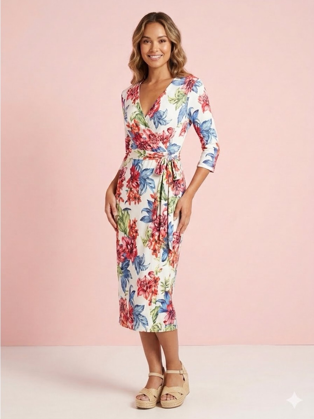 Midi dress floral 3/4 sleeve wrap dress w/ tie size small​